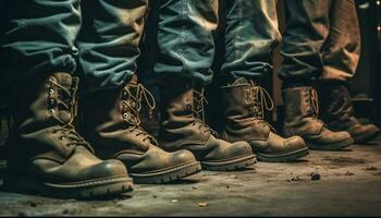 Ejército hombres en cuero botas caminando al aire libre en sucio guerra generado por ai foto