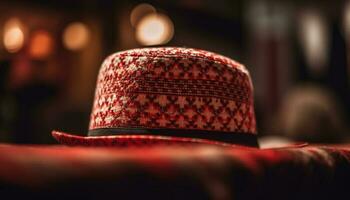 The fashionable fedora and straw hat decorate the comfortable table generated by AI photo