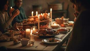 un familia celebracion con hecho en casa comida y luz de una vela unión generado por ai foto