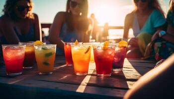 un alegre grupo de personas disfrutar un mojito a puesta de sol generado por ai foto