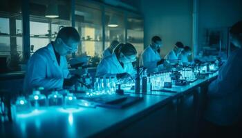 A team of scientists analyzing liquid in a laboratory workshop generated by AI photo