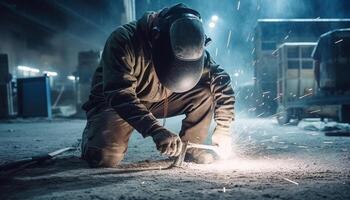 The skilled metal worker welds steel with protective gear indoors generated by AI photo