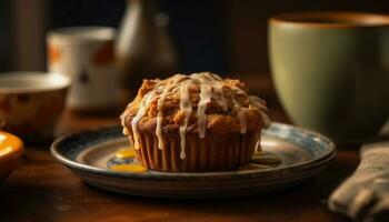 A homemade gourmet muffin and coffee on a rustic table generated by AI photo