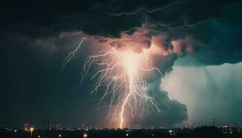 dramático cielo ilumina peligro como tormenta combustibles poder Generacion tecnología generado por ai foto