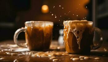 A frothy latte on a rustic wooden table, pure indulgence generated by AI photo