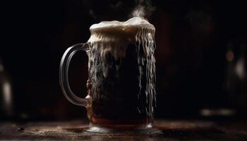 A frothy drop of beer on a rustic wooden table generated by AI photo