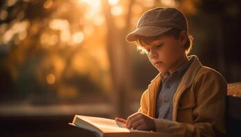 One boy sitting outdoors, reading a book, enjoying solitude generated by AI photo