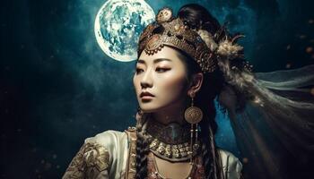 One beautiful woman in traditional clothing exudes sensuality and elegance generated by AI photo