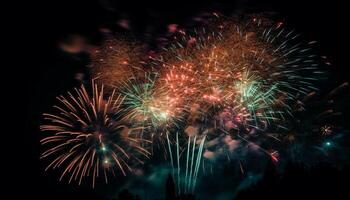 Fourth of July celebration vibrant colors, exploding fireworks, glowing flames generated by AI photo