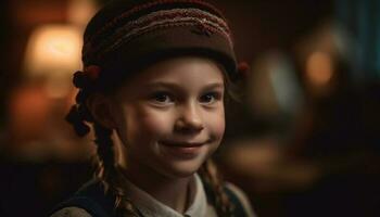 One cute girl smiling, looking at camera, enjoying childhood indoors generated by AI photo