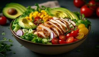 Grilled chicken breast salad with fresh vegetables, a healthy meal generated by AI photo