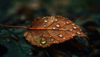 Vibrant autumn leaf reflects in dew drop on wet grass generated by AI photo