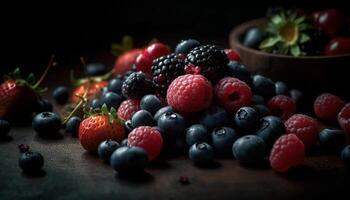 un rústico cuenco de jugoso, multi de colores baya Fruta refresco generado por ai foto