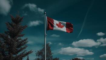 Canadian flag waving majestically in the wind, symbol of patriotism generated by AI photo