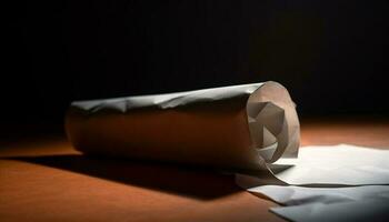 Rolled up document on table, symbol of business communication generated by AI photo