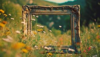 Abandoned old window frames wildflower elegance in tranquil sunset generated by AI photo