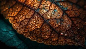 Vibrant autumn leaf veins create abstract fractal pattern on backdrop generated by AI photo