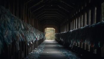 Abandoned warehouse, rusty steel equipment, spooky basement, vanishing point perspective generated by AI photo