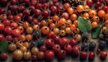 Juicy berry collection on wooden bowl, a healthy snack option generated by AI photo