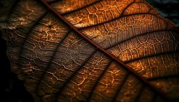 Vibrant leaf vein pattern in macro, backlit on black background generated by AI photo