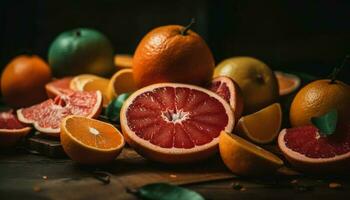 Fresh citrus slices on rustic wooden table, perfect summer snack generated by AI photo
