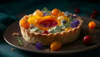 Healthy vegetarian tart with baked tomato and sweet onion salad generated by AI photo