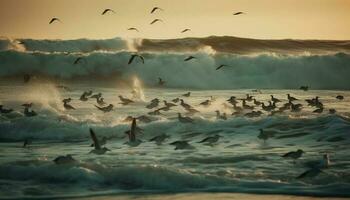 A seagull flies mid air over tranquil seascape at dusk generated by AI photo