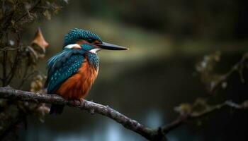 Male kingfisher perching on branch, focus on colorful feathers generated by AI photo