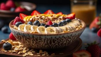 A rustic bowl of homemade granola with fresh berries and yogurt generated by AI photo