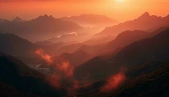 majestuoso montaña rango silueta en contra tranquilo atardecer, un panorámico belleza generado por ai foto