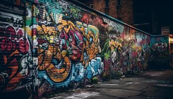 Abstract graffiti mural illuminates dark city street with multi colored chaos generated by AI photo