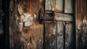 Rusty padlock on old weathered door in rural barn entrance generated by AI photo