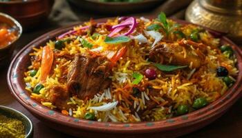 un gastrónomo Biryani plato con azafrán arroz y Fresco vegetales generado por ai foto