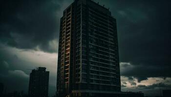 Modern skyscraper silhouette illuminates cityscape at dramatic dusk twilight generated by AI photo