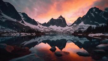 Majestic mountain range reflects tranquil scene at dusk, a beauty in nature generated by AI photo