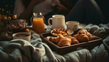 A cozy winter meal croissant, coffee, and homemade dessert generated by AI photo