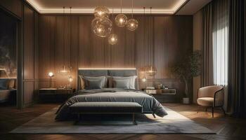 Modern luxury bedroom comfortable elegance, illuminated by electric lamps generated by AI photo