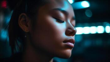 uno joven mujer, iluminado en oscuro ciudad, disfrutando la vida nocturna generado por ai foto