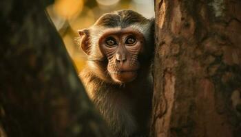un linda joven macaco, con un peludo rostro, comiendo pacíficamente generado por ai foto