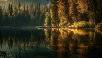 A tranquil scene of a forest pond reflects autumn beauty generated by AI photo