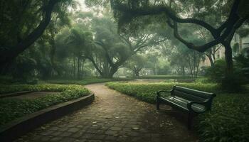 Sitting on bench, surrounded by tranquil scene of nature beauty generated by AI photo