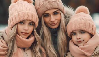 A happy family embraces outdoors, enjoying the autumn warmth together generated by AI photo