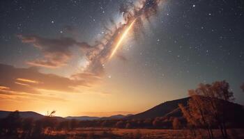 lechoso camino galaxia brilla en estrellado noche, un majestuoso paisaje generado por ai foto