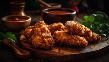 Fried chicken wings with savory sauce, served on rustic plate generated by AI photo