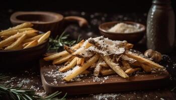 Rustic gourmet meal deep fried French fries and grilled meat generated by AI photo