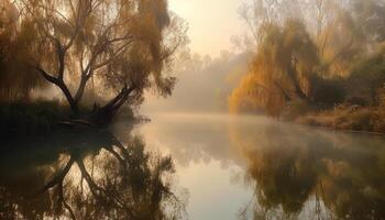 Tranquil autumn sunrise, foggy forest reflects on serene pond generated by AI photo