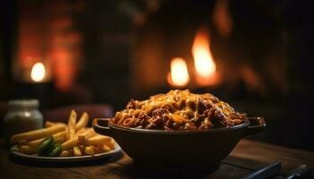 A glowing flame illuminates the homemade gourmet dessert on table generated by AI photo