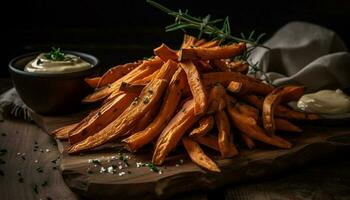 A rustic plate of deep fried French fries, crunchy and unhealthy generated by AI photo