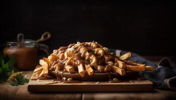 A homemade almond croissant on a rustic wooden cutting board generated by AI photo