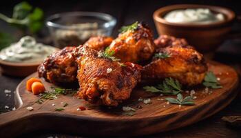 Grilled buffalo chicken wings with savory sauce and crunchy vegetables generated by AI photo